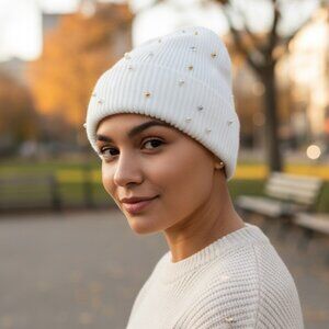2/$30 Elegant White Knit Beanie Hat With Faux Pearl & Gold Stud Embellishments
